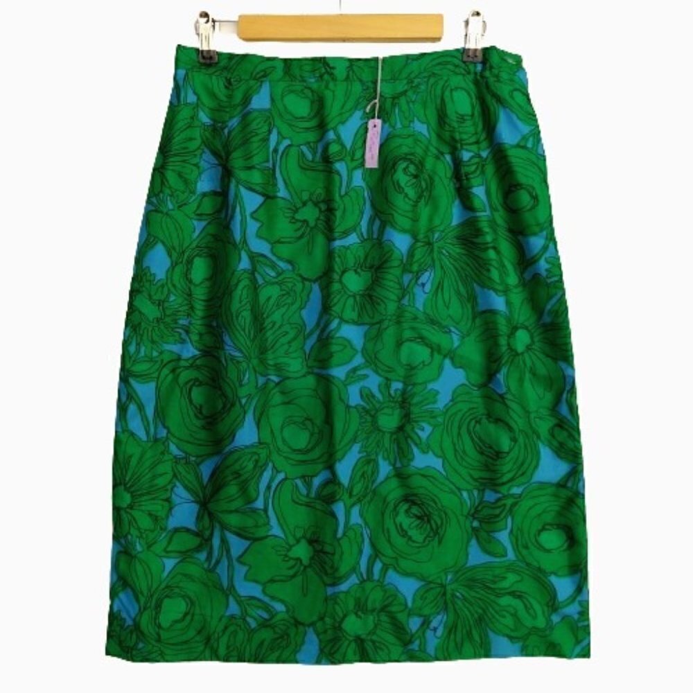 Vintage 1960's Pencil Skirt Size L XL Deadstock Green Floral Mod Sateen Pin Up